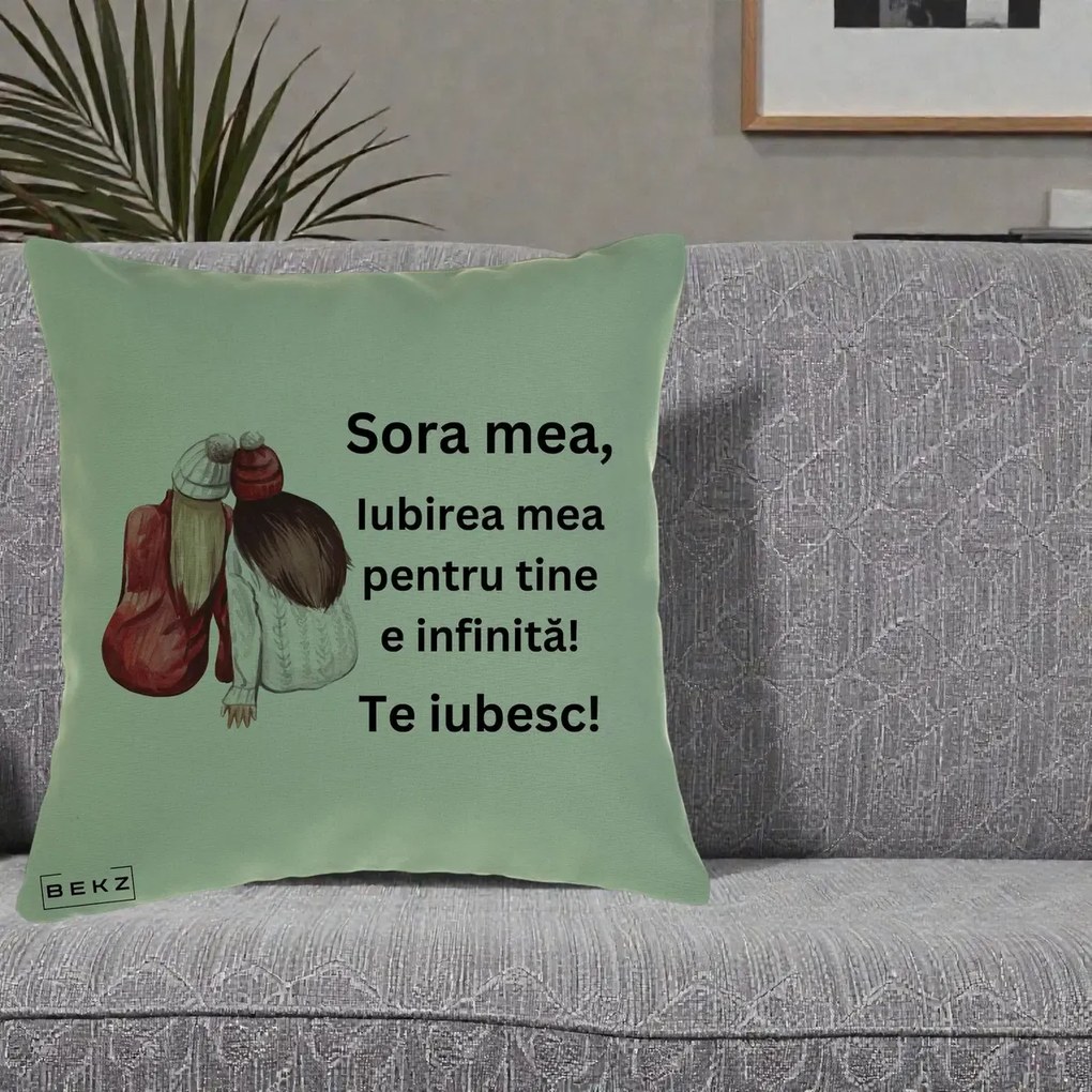 Cadou pentru Sora - Perna Personalizata Sora Mea Te Iubesc Doua Fete Iarna Acuarela, 40x40 cm, Verde, Husa Detasabila, Perna Inclusa, BEKZ®