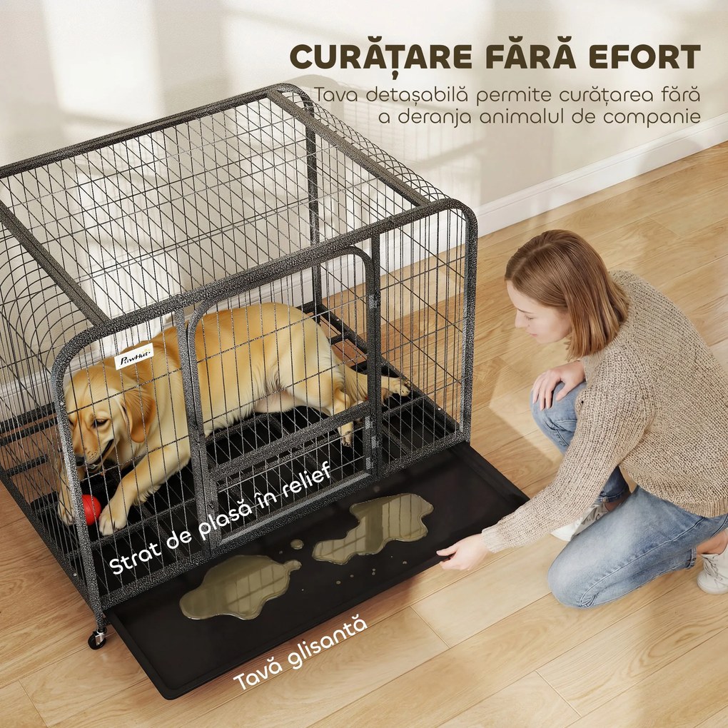 PawHut Cușcă pentru Câini din Oțel cu Roți, 3 Uși, Tăviță Detașabilă și Sistem de Închidere Sigur, Negru | Aosom Romania