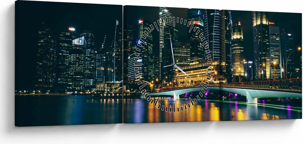 Tablou - Singapore noaptea (cu ceas) (90x30 cm)