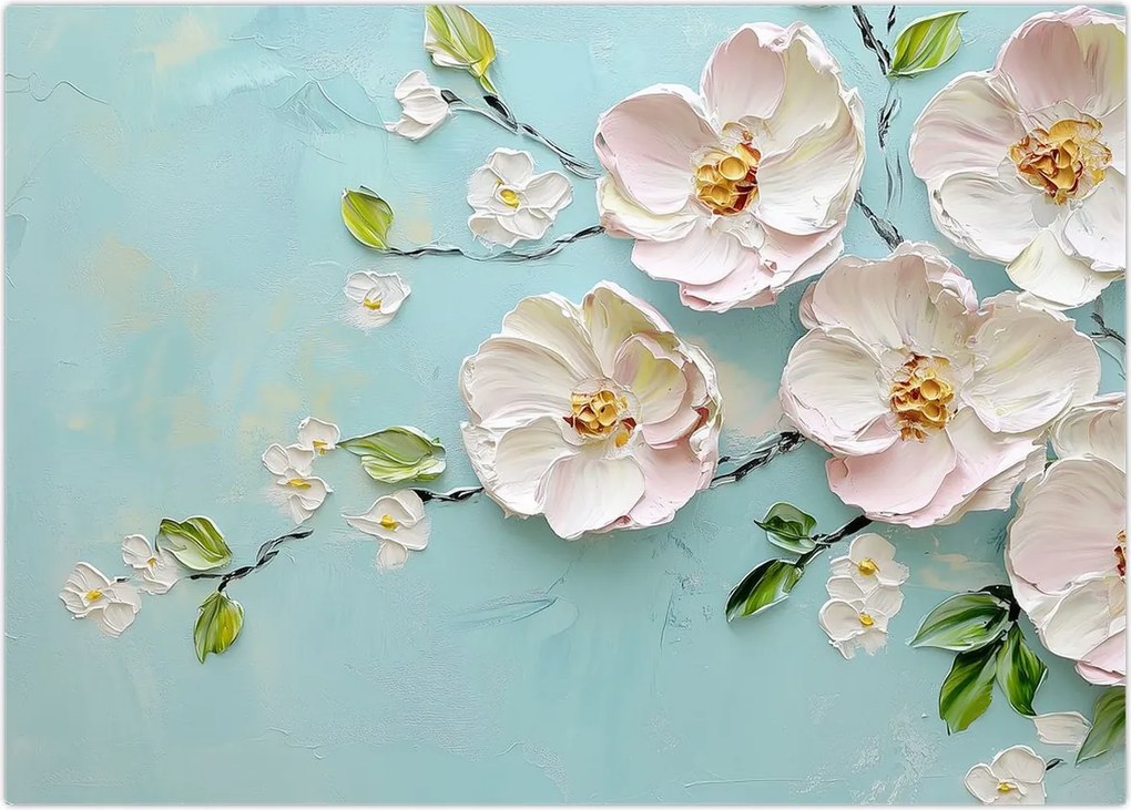 Tablou pe sticlă - Flori pe fundal albastru (70x50 cm)