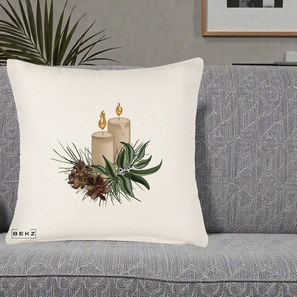 Perna Decorativa Lumanari cu Ilex si Conuri Ilustratie, 40x40 cm, Crem Reliefat, Husa Detasabila, Perna Inclusa, BEKZ®