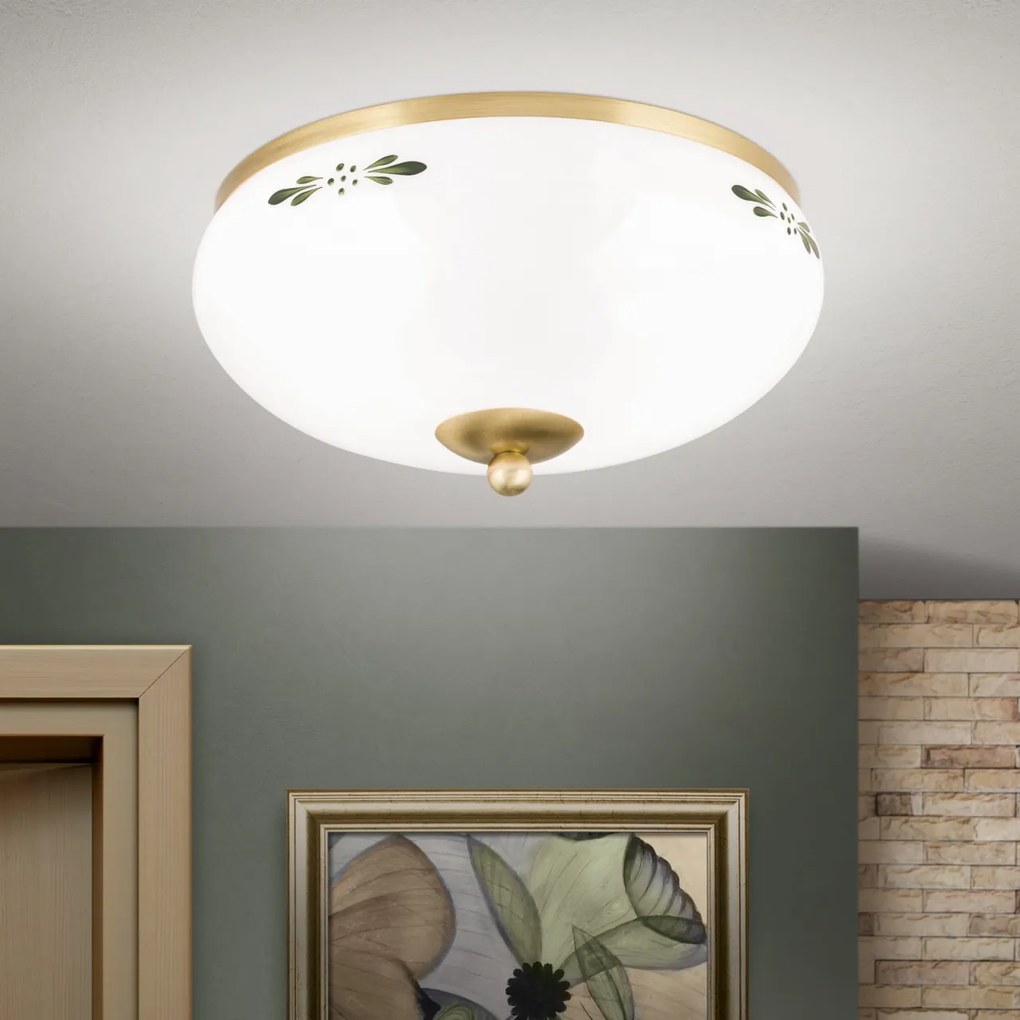 Plafoniera clasica Landhaus 28cm alama satin/ sticla opal decor verde