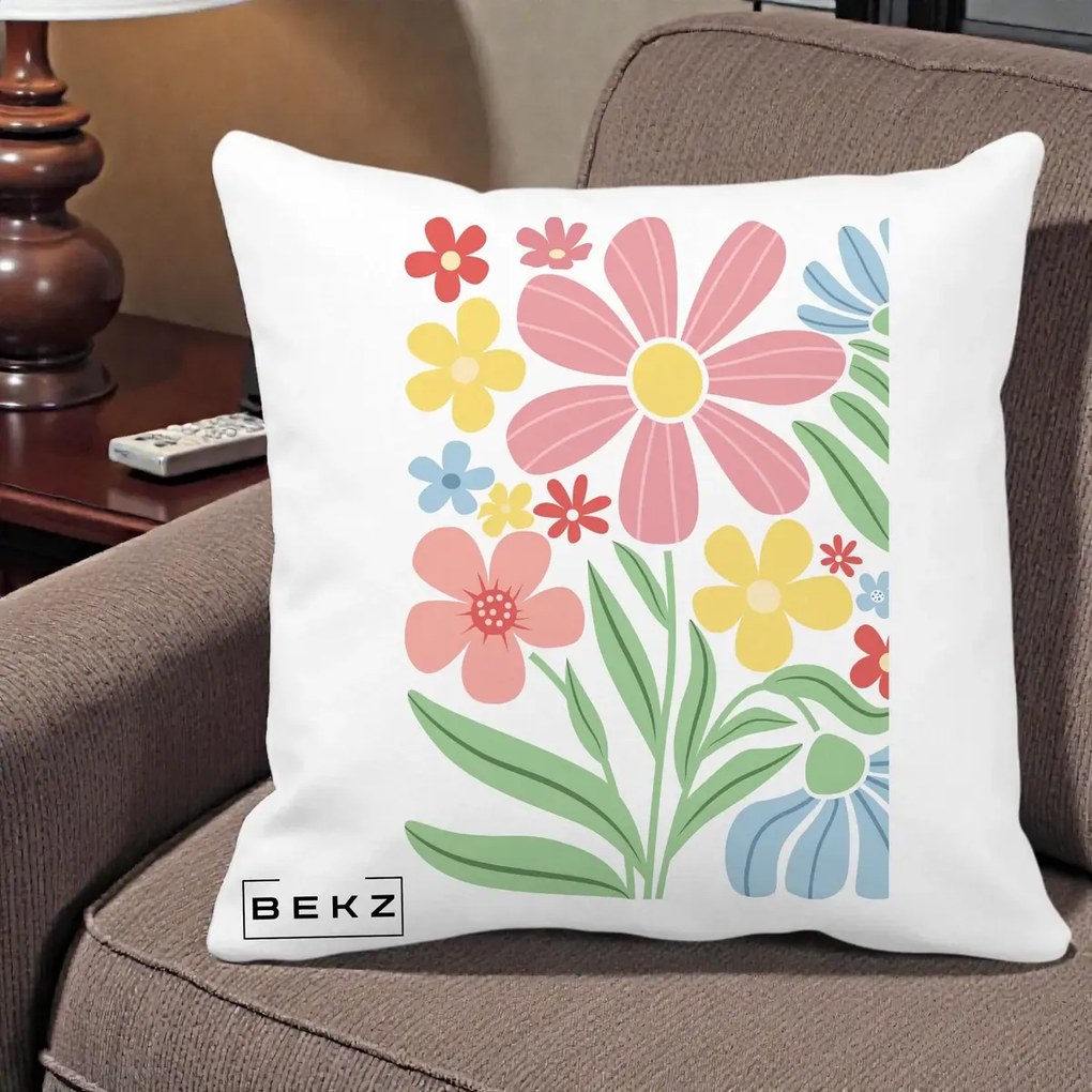 Perna Decorativa Flori Grafice Roz Pastel, 40x40 cm, Alba Mata, Husa Detasabila, Perna Inclusa, BEKZ®
