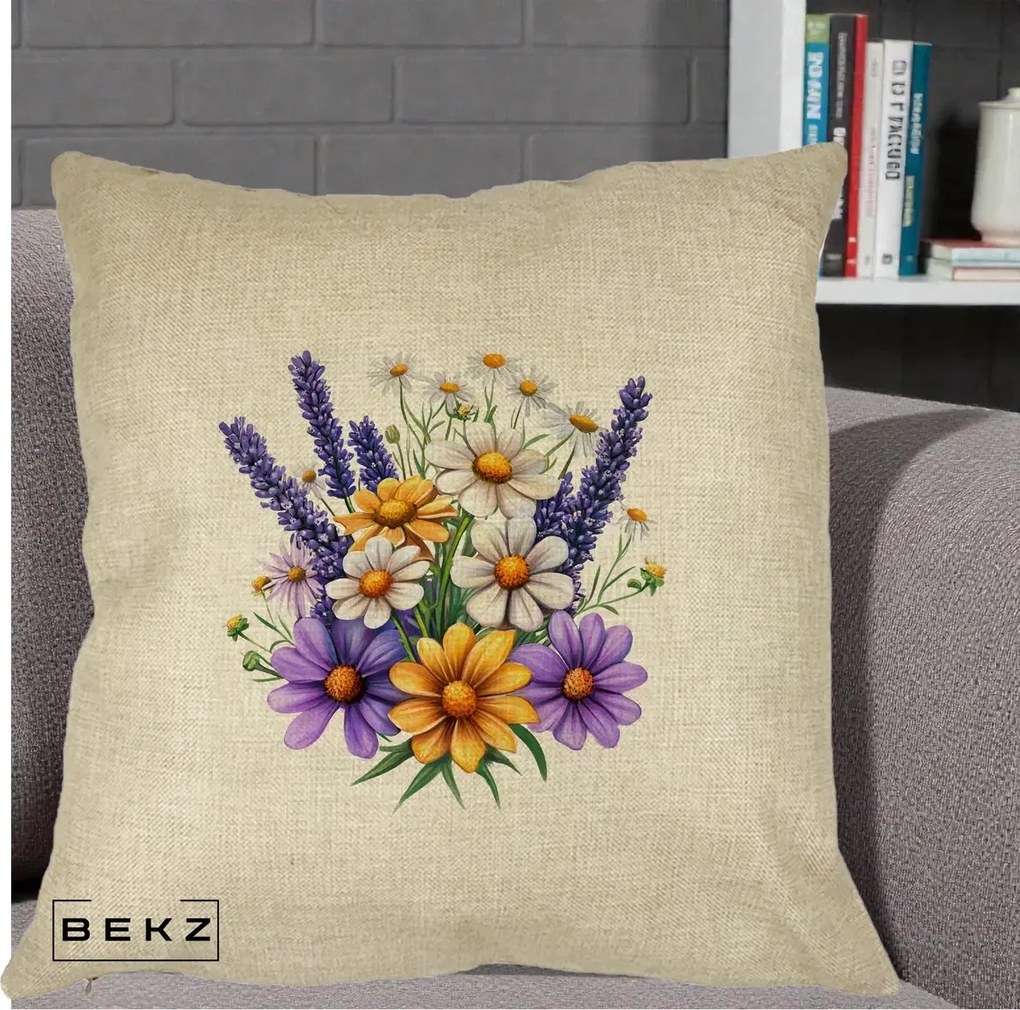 Perna Decorativa Lavanda Musetel si Flori Mov, 40x40 cm, Crem, Husa Detasabila, Perna Inclusa, BEKZ®