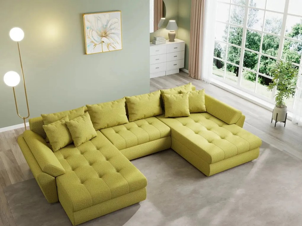 Colțar extensibil dumonde cu ladă de depozitare si sezut confortabil din spuma high-density, Loana U Enjoy Green 355x185 cm