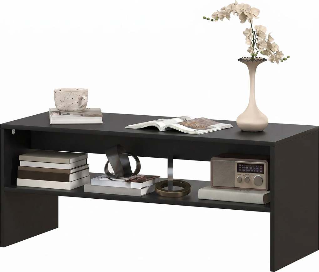 HOMCOM Măsuță de Cafea Modernă cu 2 Niveluri, Raft Deschis, PAL, Picioare, 100x40x41,5 cm, Negru | Aosom Romania