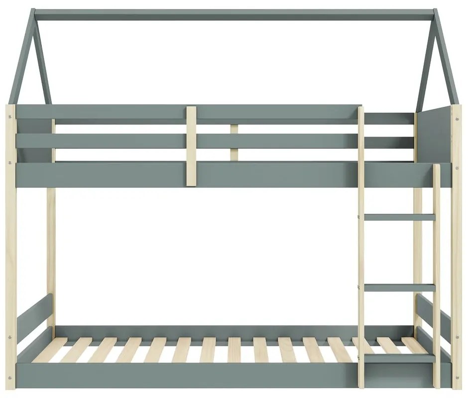 Pat pentru copii în culoare naturală/verde prăfuit de tip casă/supraetajat cu somieră 90x190 cm Valka – Marckeric