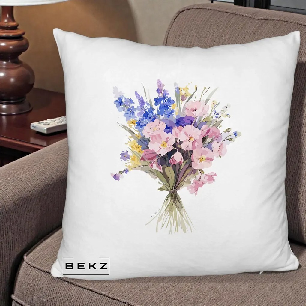Perna Decorativa Buchet Floral Acuarela Primavara, 40x40 cm, Alb Pufos, Husa Detasabila, Perna Inclusa, BEKZ®