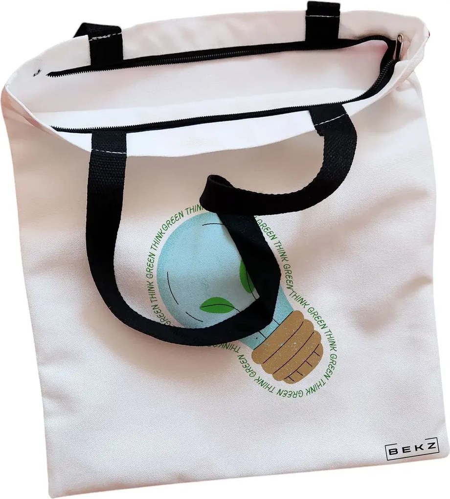 Sacosa de Panza pentru Cumparaturi, Geanta Tote, model Think Green, Cu fermoar, 38x34.5 cm, Alba, BEKZ®