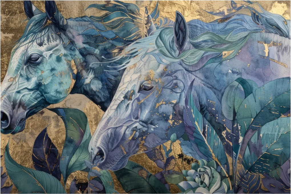 Tablou - Cai cu fundal auriu (90x60 cm)