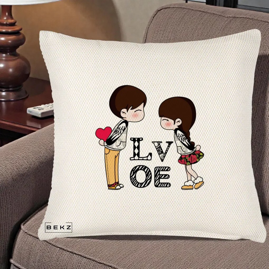 Cadou Romantic - Perna Personalizata Cuplu Kawaii LOVE, 40x40 cm, Crem Reliefat, Husa Detasabila, Perna Inclusa, BEKZ®