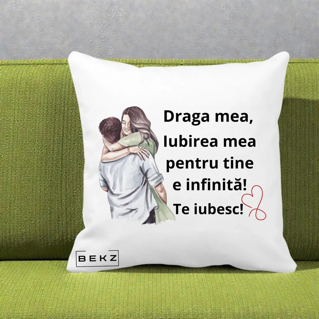 Cadou pentru Iubita - Perna Personalizata Draga Mea Iubirea Mea Infinita Te Iubesc cu Cuplu Acuarela, 40x40 cm, Alba Mata, Husa Detasabila, Perna Inclusa, BEKZ®