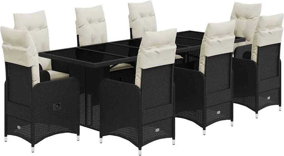 vidaXL Set bistro de grădină, 9 piese, cu perne, negru, poliratan