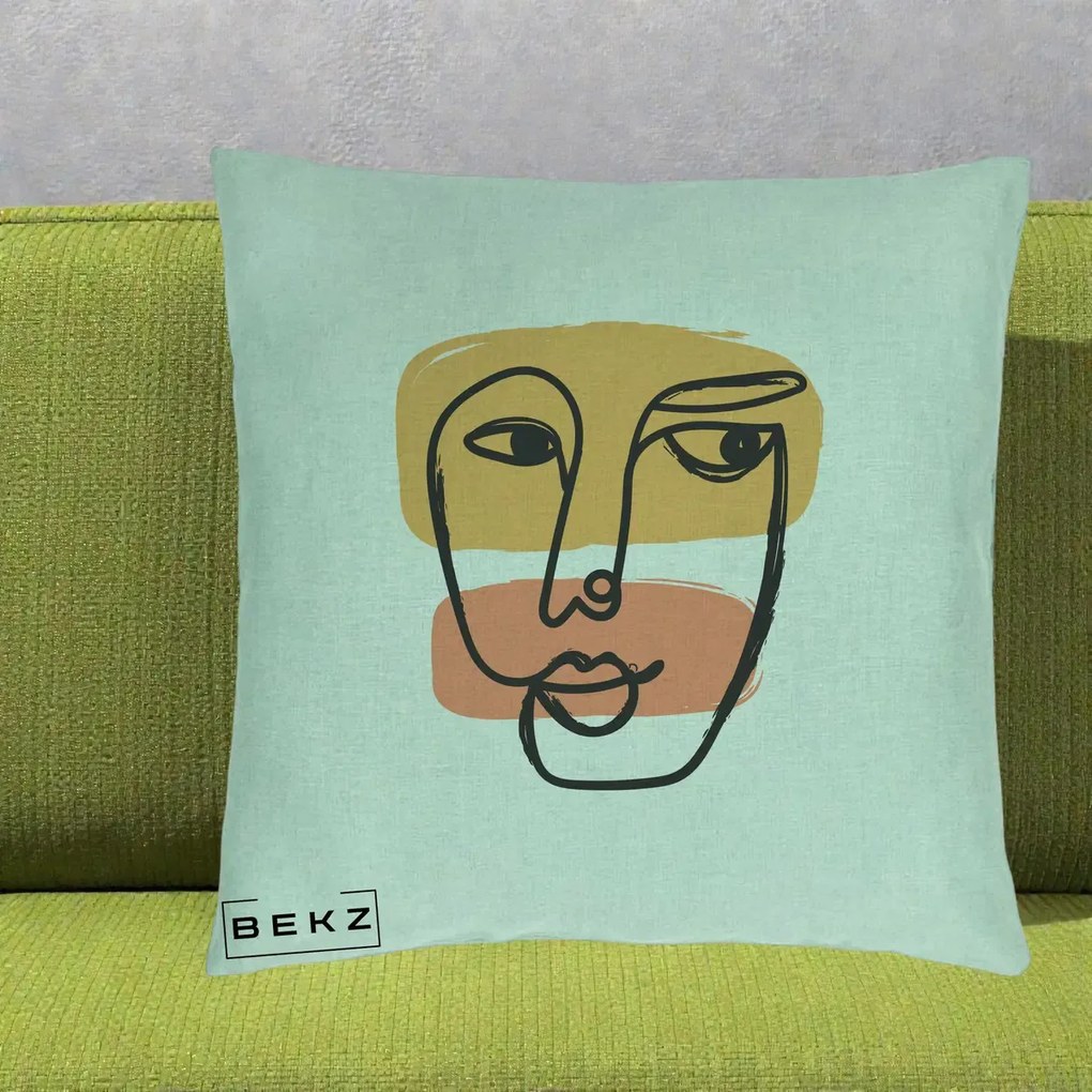 Perna Decorativa Portret Abstract Line Art Portocaliu, 40x40 cm, Verde Menta, Husa Detasabila, Perna Inclusa, BEKZ®