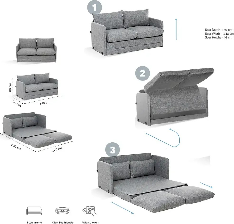 Canapea extensibila 2 locuri moderna, 200x148 cm – stofa bej – Saga