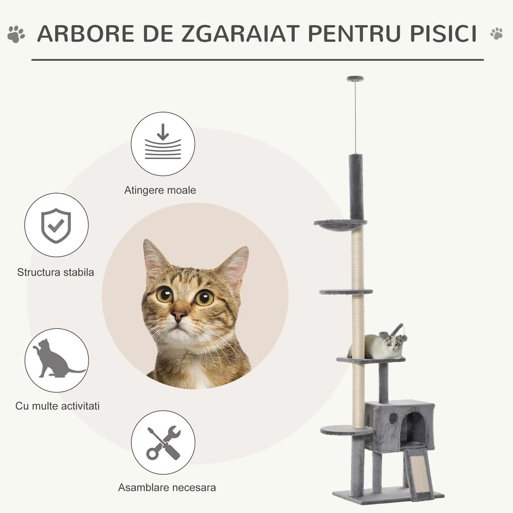 PawHut Ansamblu de Joaca Pisici pe mai multe niveluri cu Casuta si Suport pentru Zgarieturi Gri/Bej 60x40x280cm
