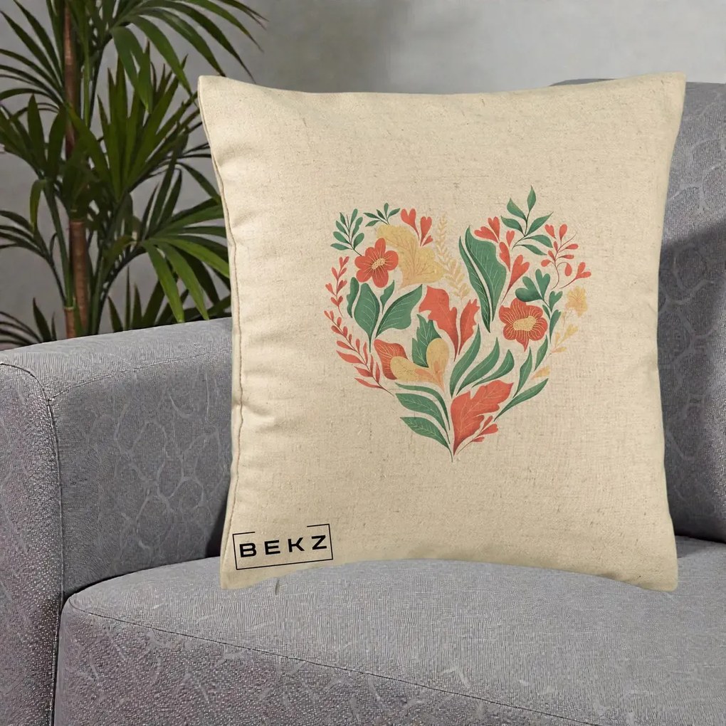 Perna Decorativa Inima Florala Botanica, 40x40 cm, Bej, Husa Detasabila, Perna Inclusa, BEKZ®