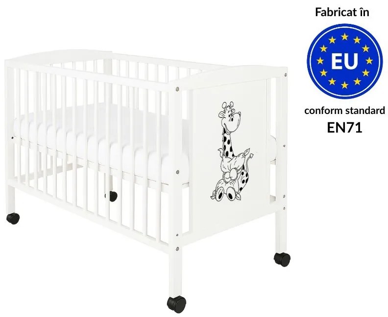 Patut din lemn masiv 120x60 cm Bria alb cu roti, reglabil pe 3 nivele, certificat EN71