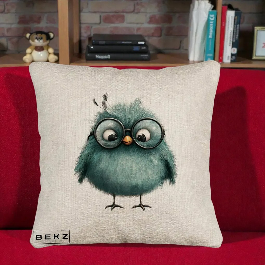 Perna Decorativa Pui Teal cu Ochelari Rotunzi, 40x40 cm, Bej Canapea, Husa Detasabila, Perna Inclusa, BEKZ®