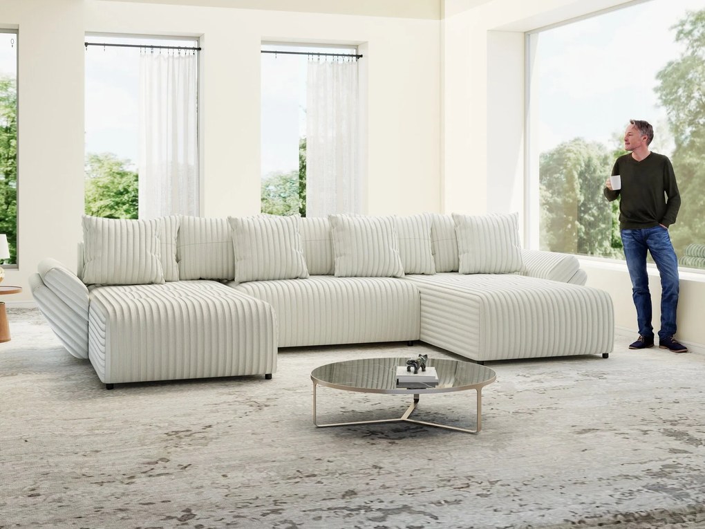 Colțar extensibil dumonde cu ladă de depozitare si sezut confortabil din spuma high-density, Berlin U Ambience Ivory 380x180 cm