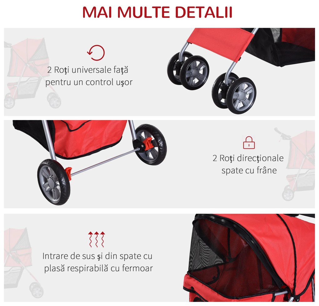 PawHut Cărucior pentru Câini de până la 10 kg, 75x45x97 cm, Roșu | Aosom Romania