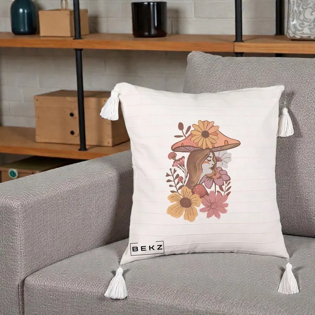 Perna Decorativa Fata Ciuperca Florala Boho, 40x40 cm, Bej cu Franjuri, Husa Detasabila, Perna Inclusa, BEKZ®
