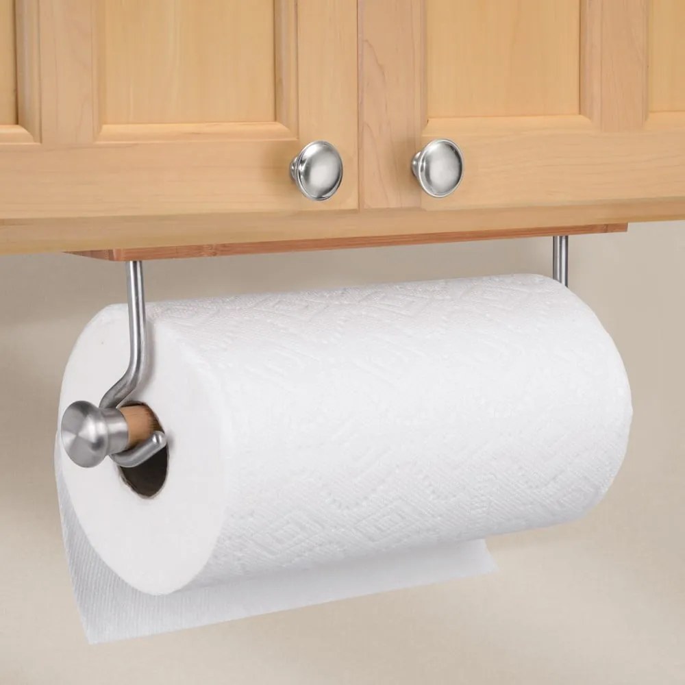 Suport din metal și bambus pentru prosoape de hârtie iDesign Formbu, 38,5 cm