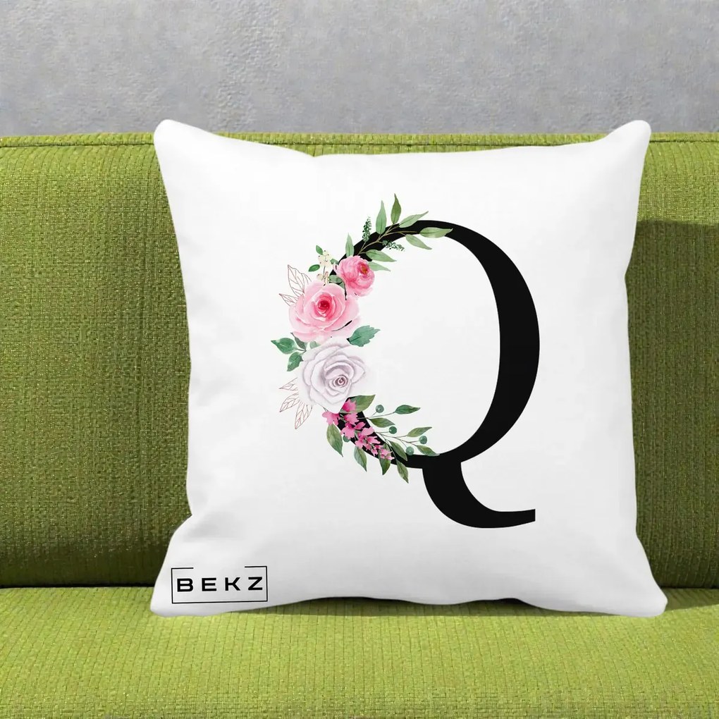 Cadou Personalizat - Perna Personalizata Monograma Florala Litera Q, 40x40 cm, Alba Mata, Husa Detasabila, Perna Inclusa, BEKZ®
