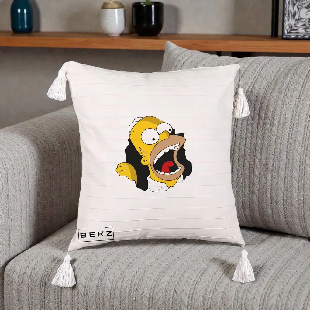 Perna Personalizata Homer Simpson Surpriza, 40x40 cm, Bej cu Franjuri, Husa Detasabila, Perna Inclusa, BEKZ®