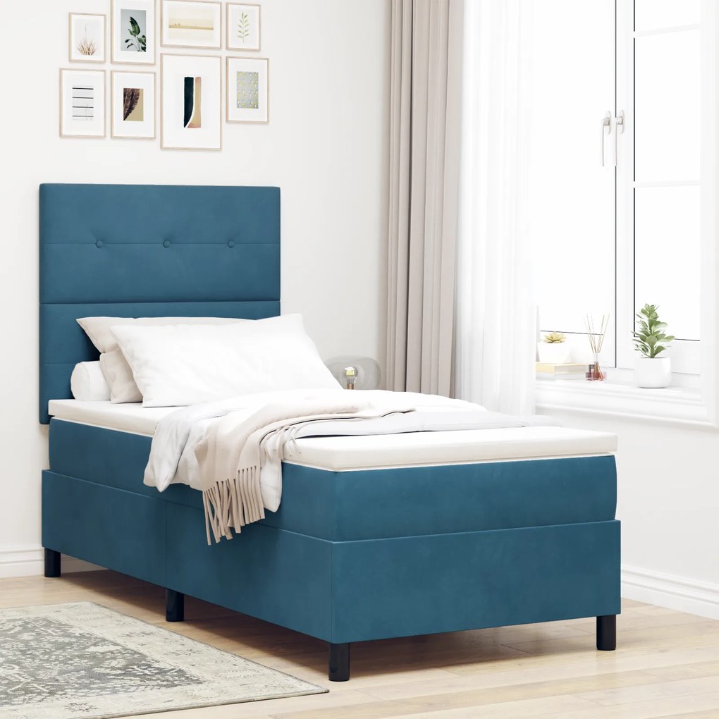 vidaXL Pat box spring cu saltea &amp;LED albastru închis 90x190 cm catifea