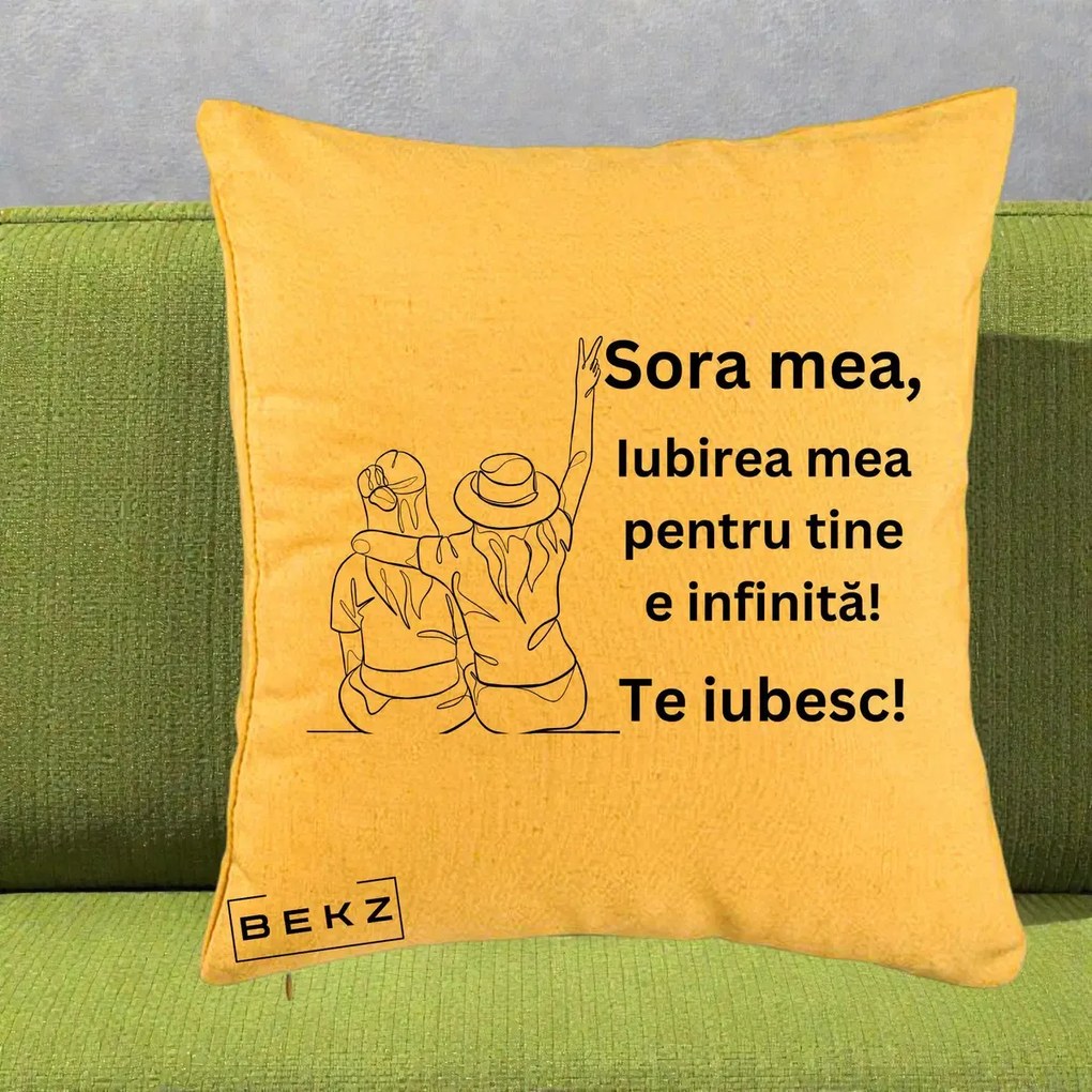 Cadou pentru Sora - Perna Personalizata Sora Mea Te Iubesc Line Art Portrete Colorate, 40x40 cm, Galben, Husa Detasabila, Perna Inclusa, BEKZ®