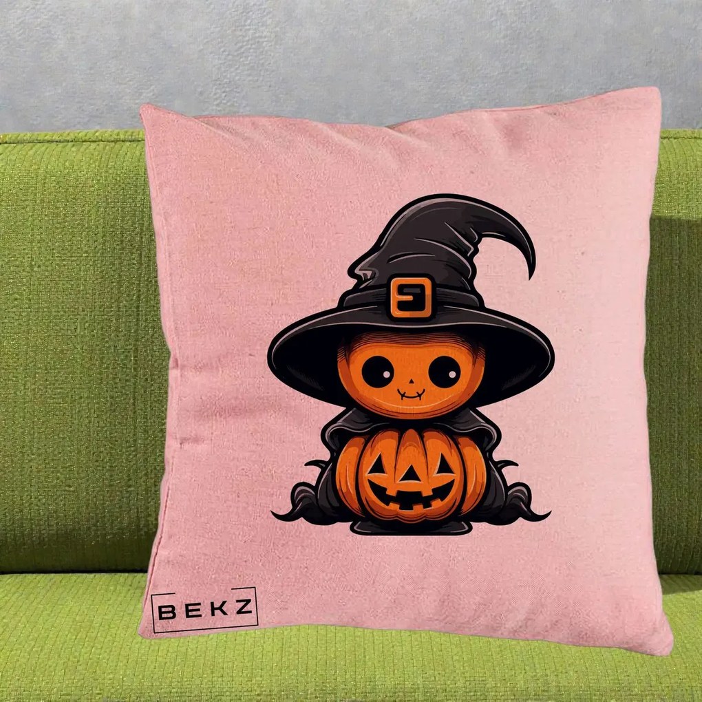 Perna Decorativa Halloween Dovleac Vrajitor Kawaii, 40x40 cm, Roz, Husa Detasabila, Perna Inclusa, BEKZ®