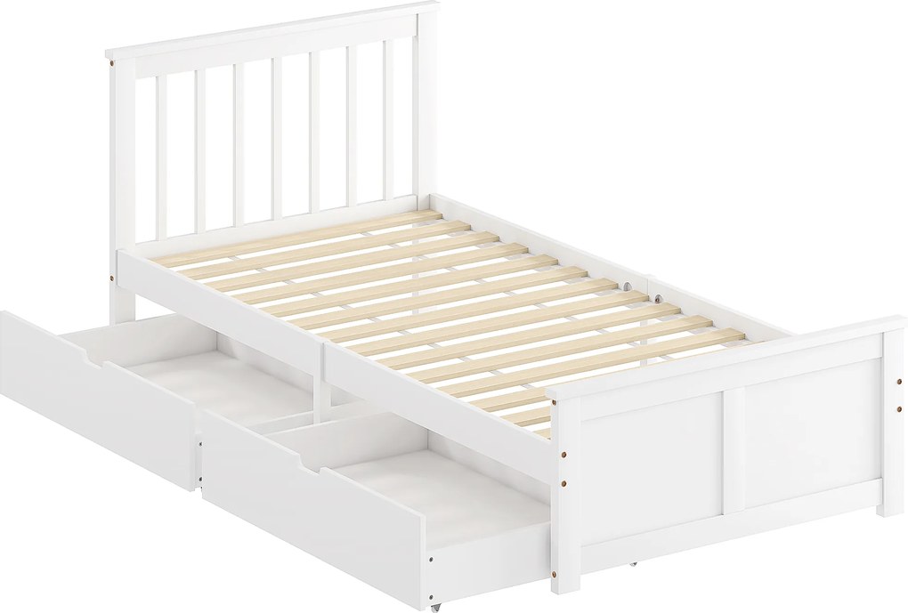 HOMCOM Cadru pat single, cadru din lemn, sertare pe roți, nu necesită somieră, 90 x 200 cm, Alb | Aosom Romania