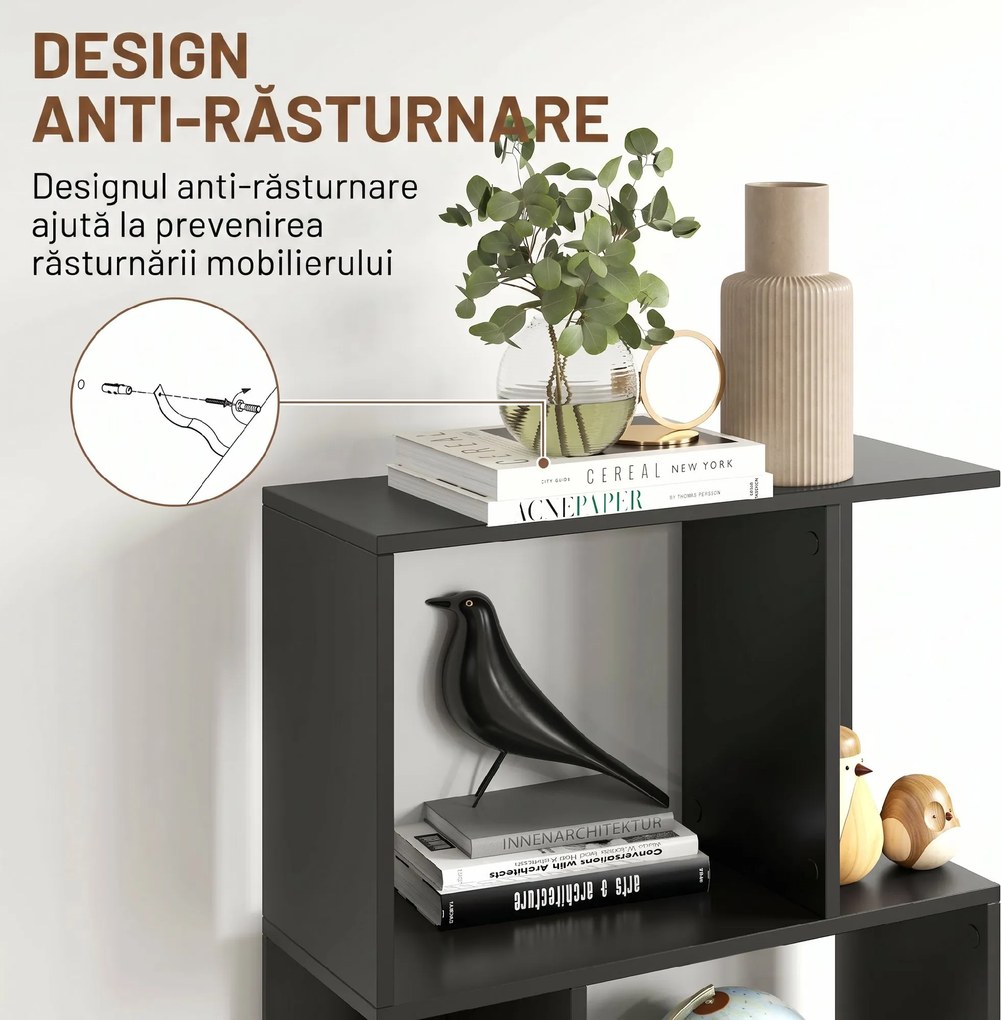 HOMCOM Bibliotecă cu 5 Rafturi Divizate în Formă de S din Lemn, 60x24x184.5 cm, Negru | Aosom Romania