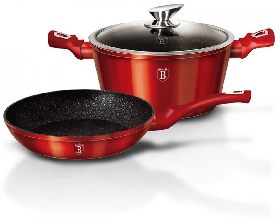 Set oala cu capac si tigaie marmorate (3 piese) din aluminiu forjat Burgundy Metallic Line Berlinger Haus BH 1291N