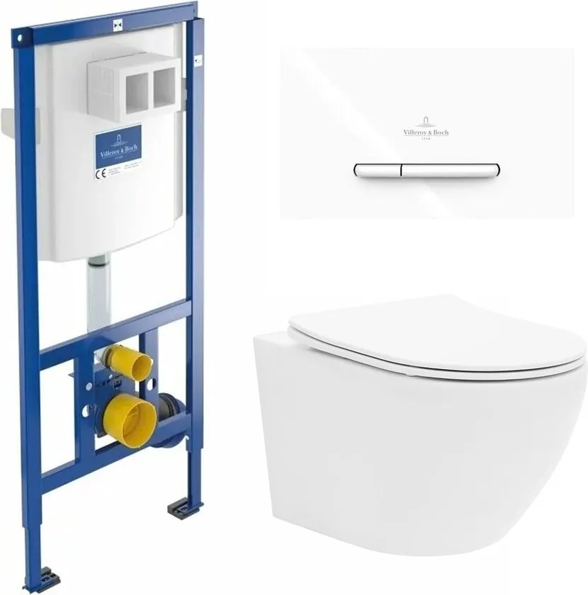 Rezervor WC cu cadru incastrat Villeroy&Boch 112 cm cu clapeta ViConnect 300S alb plus vas WC Rune Ivaldi alb cu capac softclose