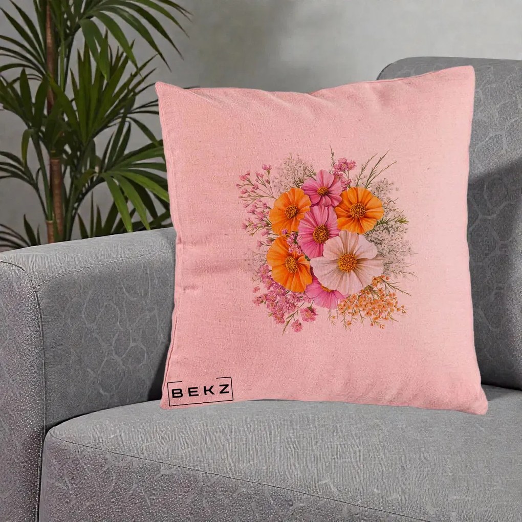 Perna Decorativa Buchet Cosmos Portocaliu Roz si Alb, 40x40 cm, Roz, Husa Detasabila, Perna Inclusa, BEKZ®