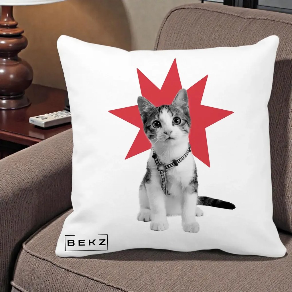 Perna Decorativa Pisica Star Pop Art, 40x40 cm, Alba Mata, Husa Detasabila, Perna Inclusa, BEKZ®