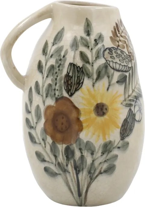 Carafă decorativă din ceramică cu motiv floral, H25/D17 cm, crem