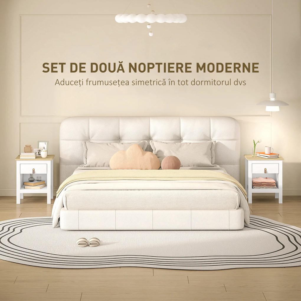 HOMCOM Set 2 Noptiere cu Sertar și Raft Deschis din Lemn Alb și Stejar | Aosom Romania
