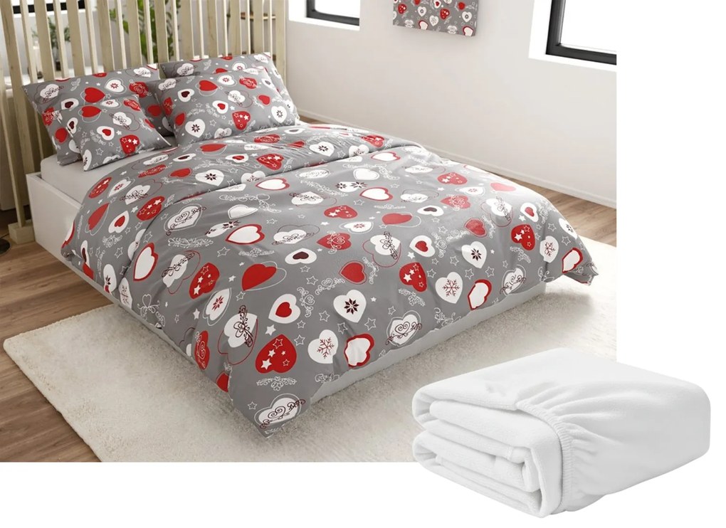 Set Lenjerie cocolino CHRISTMAS HEART gri + CearsaF Cocolino microplus cu elastic SOFT 180x200 cm alb, pat dublu