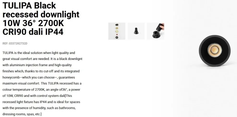 Spot LED incastrabil TULIPA Black recessed downlight 10W 36° 2700K CRI90 dali IP44
