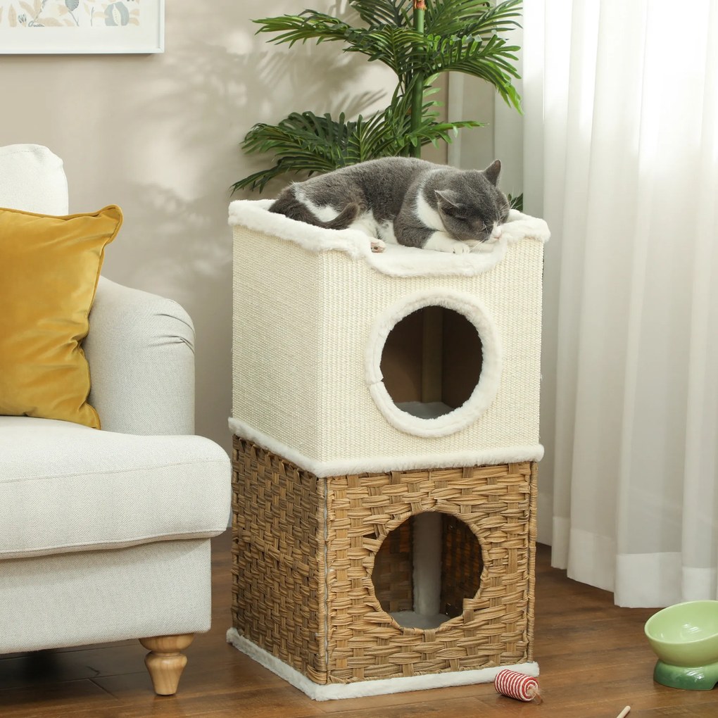 PawHut Casa pentru pisici de interior cu 3 nivele, casa pentru pisici cu zgâriere din sisal pentru zgâriere 41 x 41 x 75,5 cm, crem | Aosom Romania
