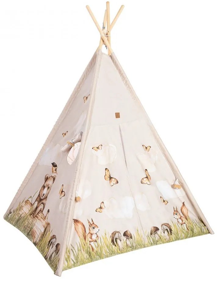 Cort de joaca Happy Bear, saltea impermeabila inclusa, 4 perne, Indian Teepee din Bumbac, BabySteps