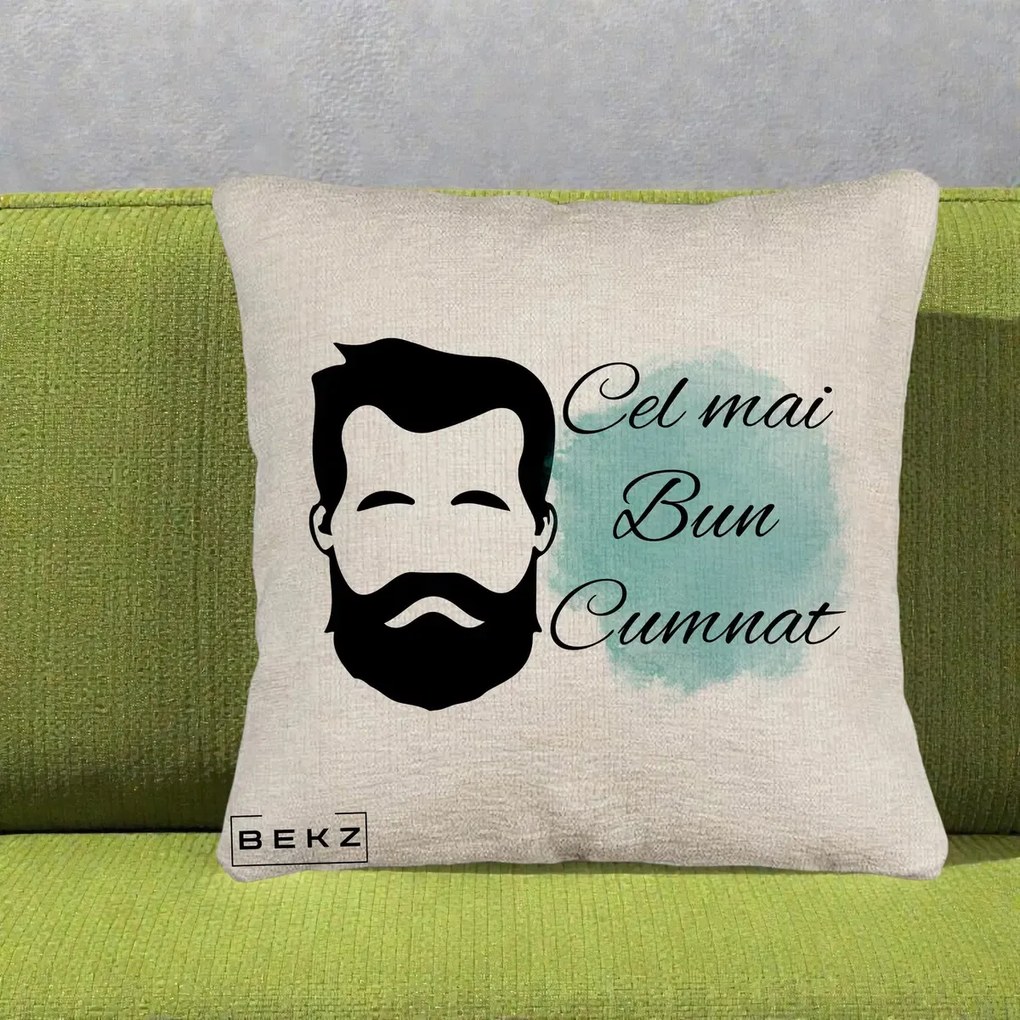 Cadou pentru Cumnat - Perna Personalizata Cel mai Bun Cumnat cu Portret Barbat si Pete Teal, 40x40 cm, Bej Canapea, Husa Detasabila, Perna Inclusa, BEKZ®