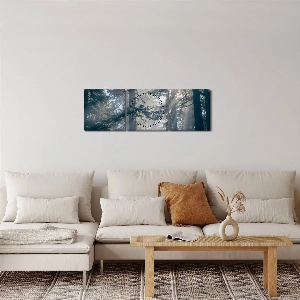 Tablou cu copaci și soarele translucind (cu ceas) (90x30 cm)