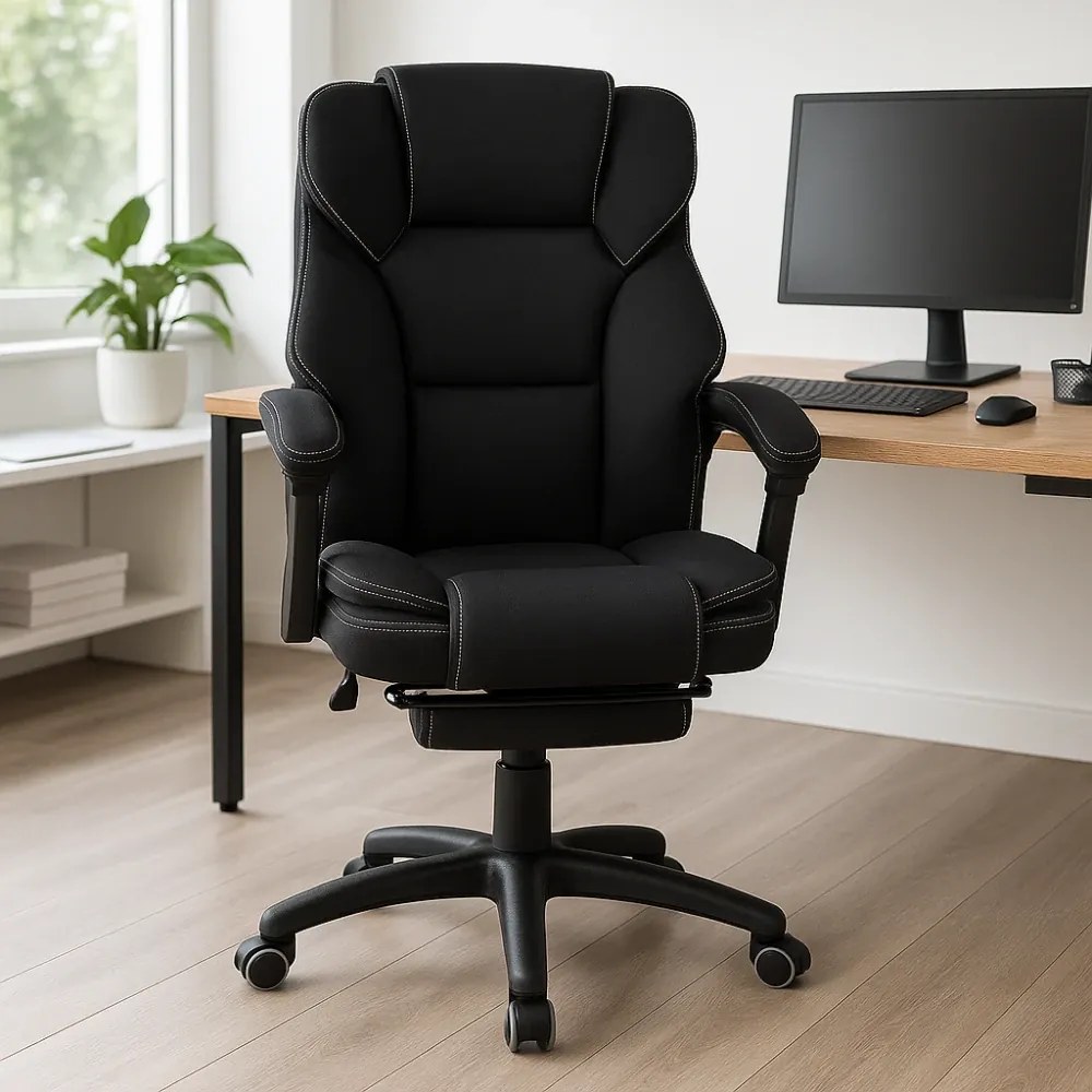 Scaun directorial, Masaj si Incalzire in 7 puncte, spatar rabatabil, suport pentru picioare, material textil premium, Negru