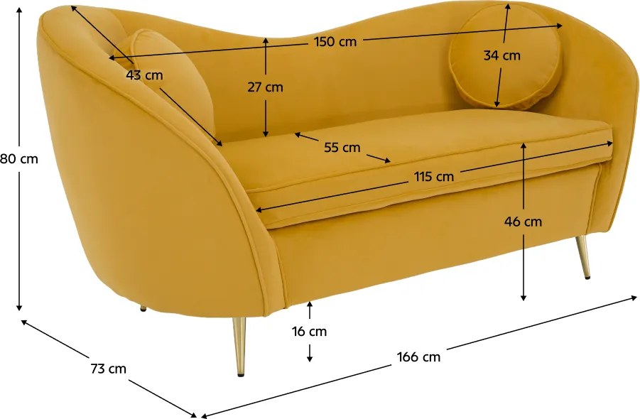 Canapea cu 2 locuri de design, ţesătură Velvet galbenă/gold crom auriu, EZIO TYP 2