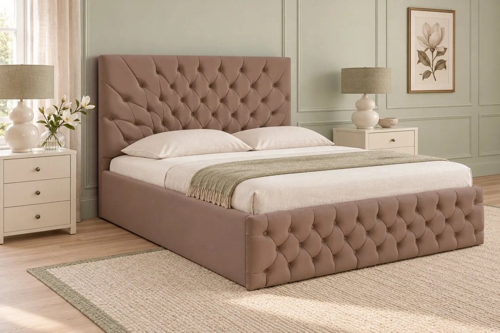 Pat tapițat Chesterfield din catifea Venezia 160×200 cm, cappuccino, cu ladă de depozitare