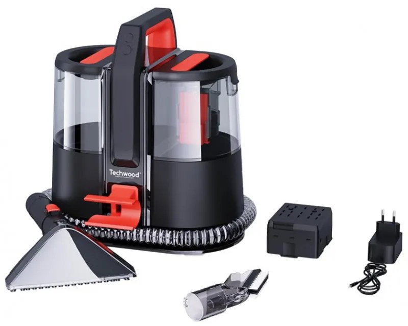 Aspirator pentru textil Techwood TAN-8005R, 185W, Li-Ion 220 mAh, Fara fir, Rezervor de apa curata si reziduala, Autonomie 40 min, 2 viteze, Negru/Rosu